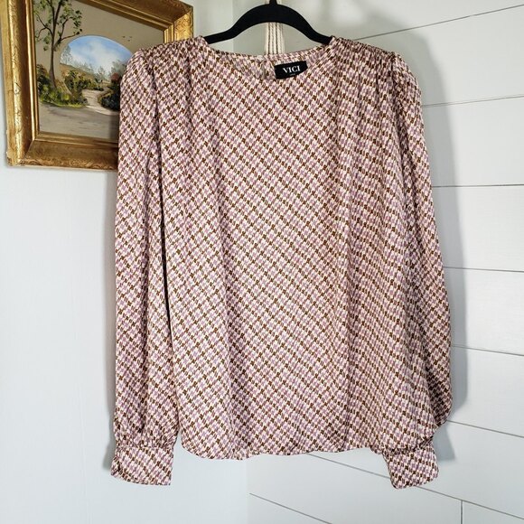 Vici Collection Purple Brown Houndstooth Print Blouse Large - Picture 1 of 9